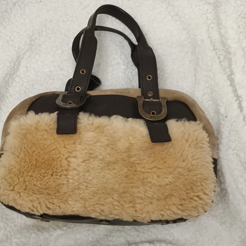 UGG Brown Leather and Cream Shearling Tote Bag